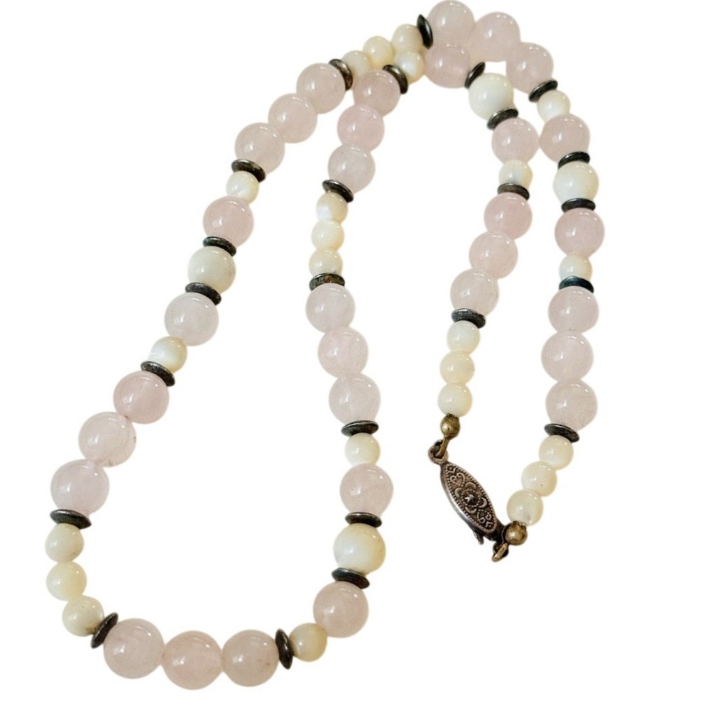 Vtg Necklace Pink Rose Quartz Mother Of Pearl Natural Genuine Stone 70s 18"